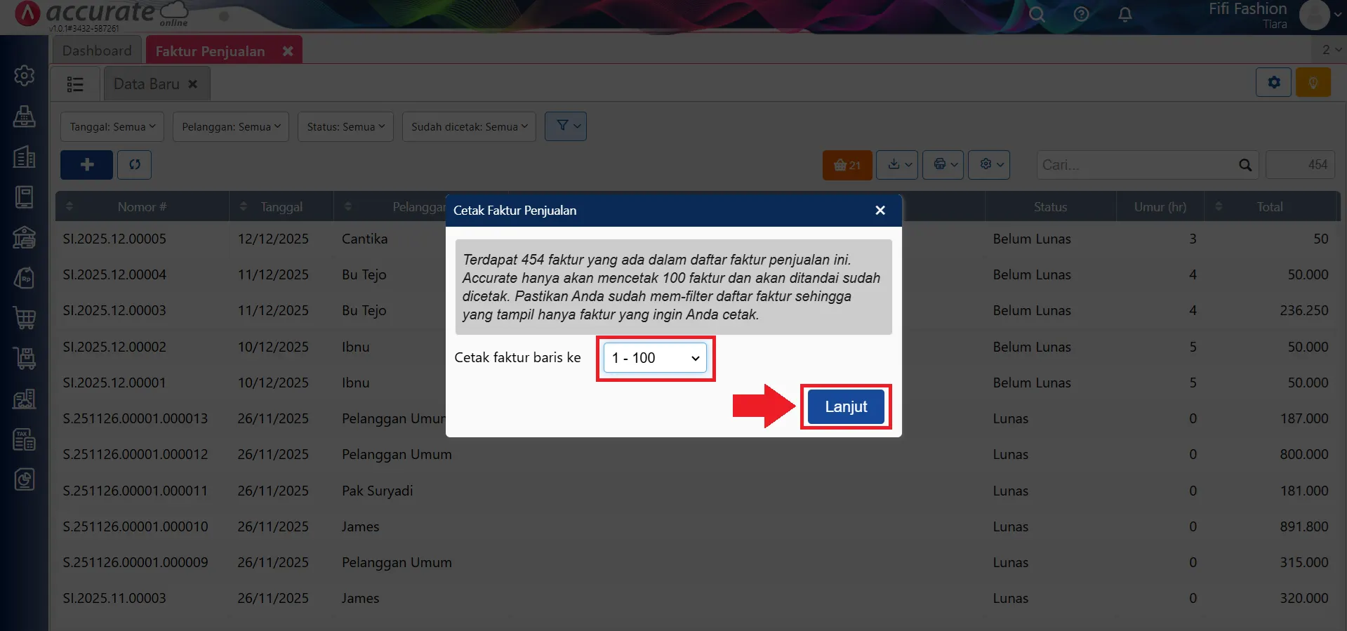 mencetak faktur penjualan secara massal